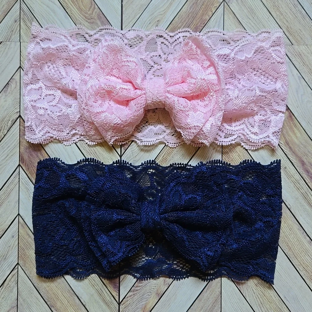 Wide Lace Front Bow Headbands Baby Girl Toddler Pink & Navy Blue Hair Accessory